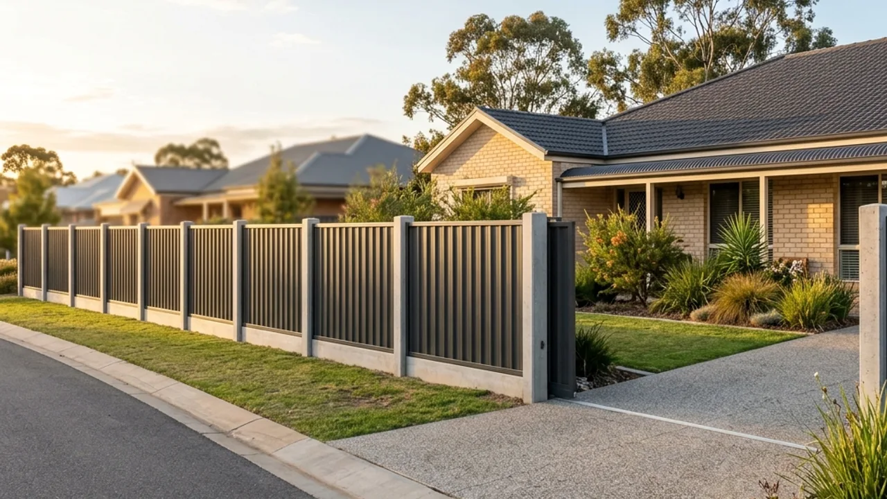 Completed Colorbond boundary fence with posts, rails and plinth line visible along a Toowoomba back yard