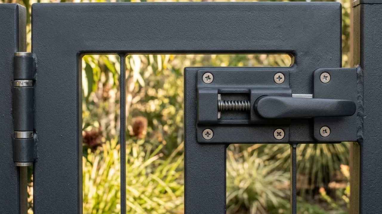 Gate hinge, drop bolt and post detail on a Toowoomba driveway gate
