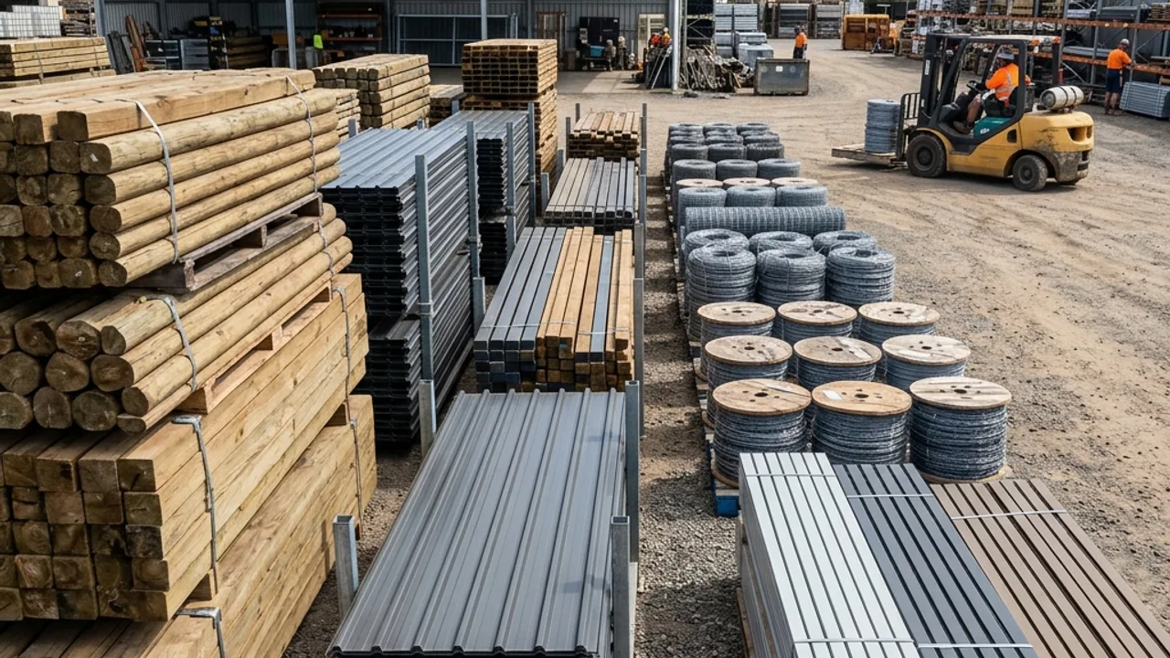 Rigid vinyl fence panels, pickets and rails stacked at a Toowoomba supplier yard