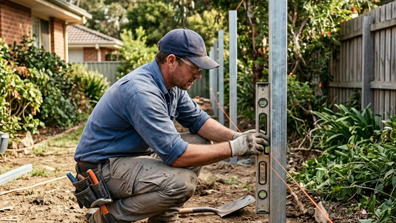 Fencing contractor setting posts to a stringline along a boundary fence line on a Toowoomba block
