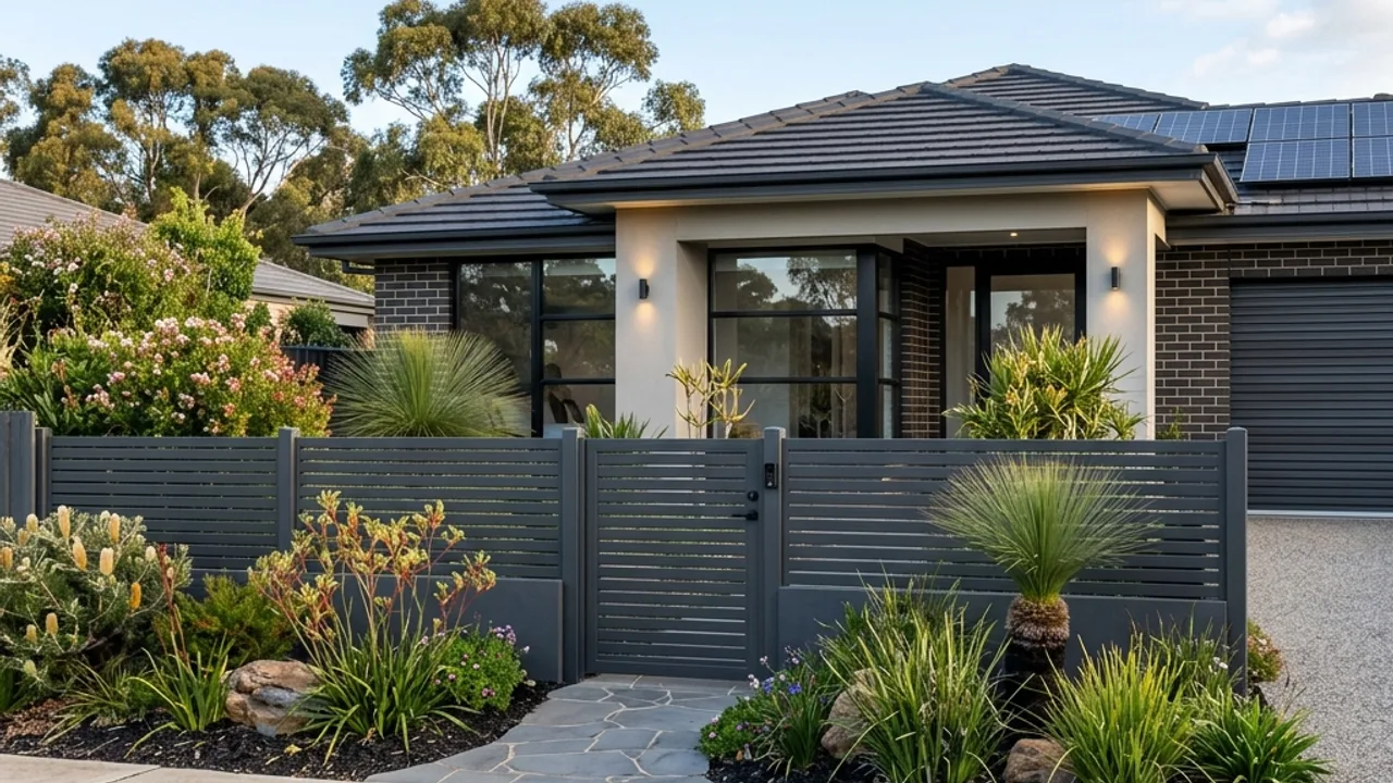 Horizontal aluminium slat front fence and matching gate on a modern Toowoomba home