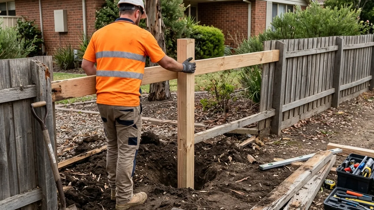 Storm-damaged fence run with a leaning post being repaired in Toowoomba