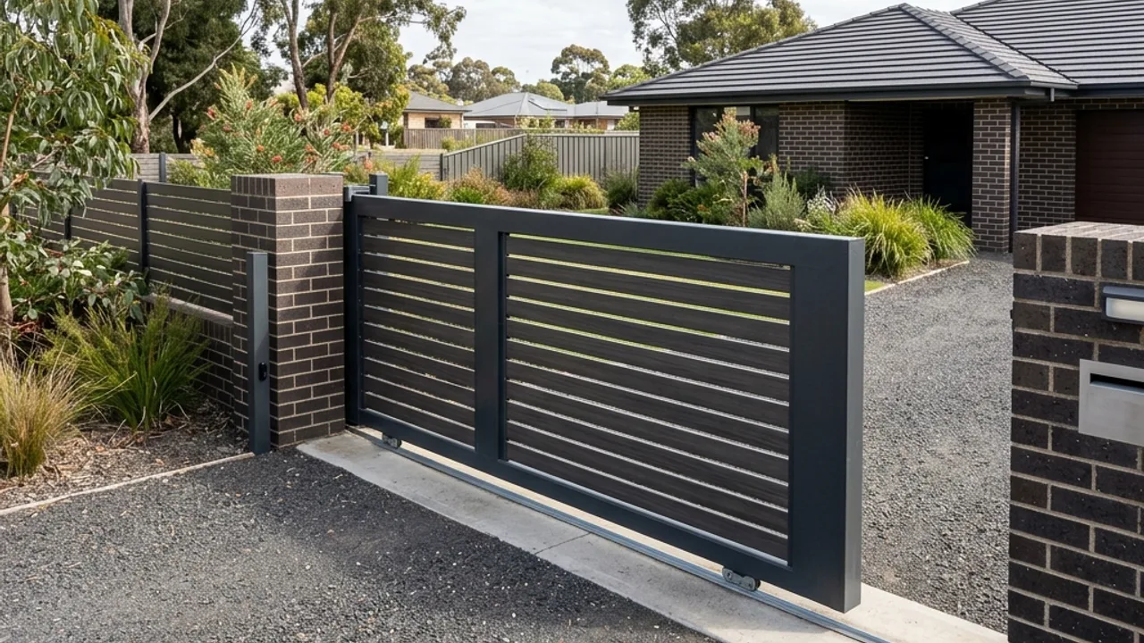 Automated sliding driveway gate with slat infill on a Toowoomba property