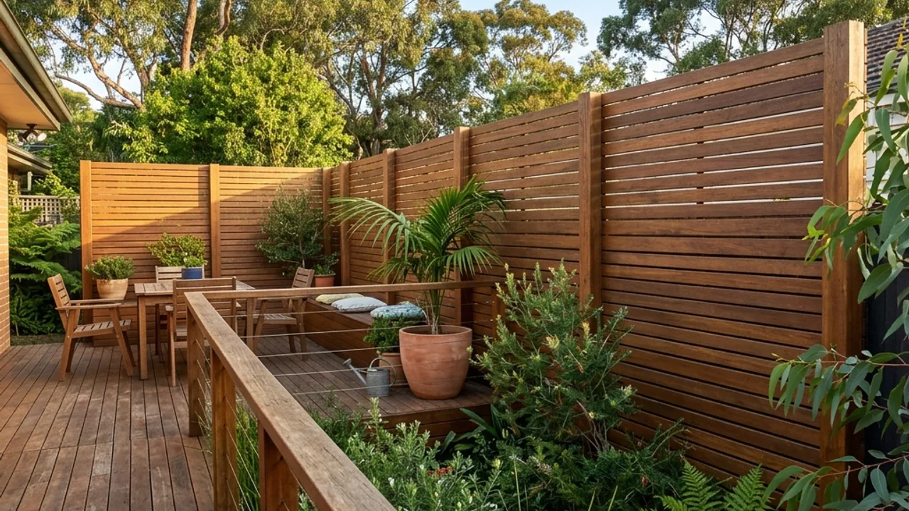 Full-height lapped and capped timber privacy fence beside a Toowoomba back deck