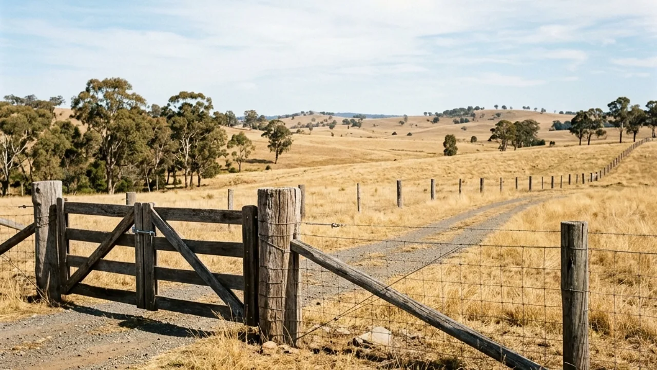 Ringlock rural fence with timber strainer posts on a Darling Downs acreage block